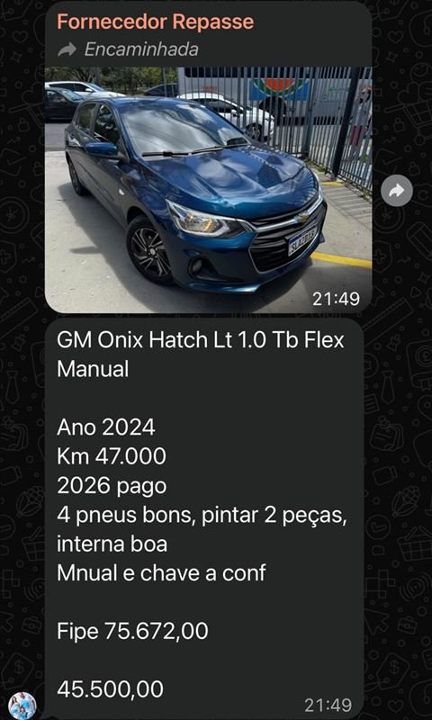 Print do grupo: GM Onix Hatch LT 1.0 Turbo 2024, FIPE R$ 75.672,00, no grupo R$ 49.500,00
